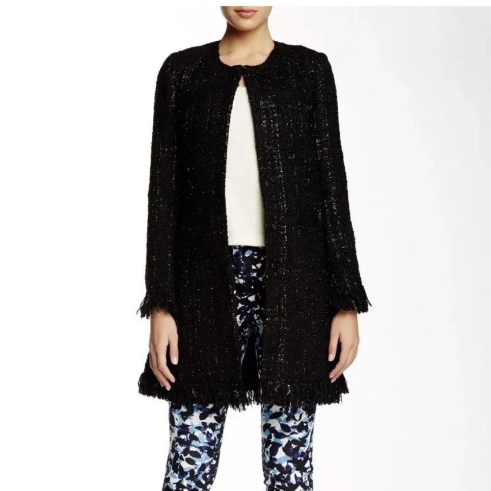 New Vertigo Paris Black Tweed Fringe Boucle Blazer Wool Blend Coat Jacket Medium